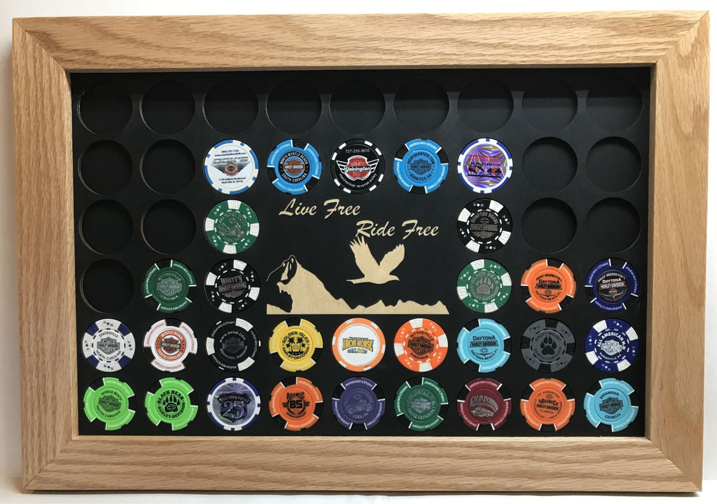 Black Poker Chip Display with Live Free Ride Free
