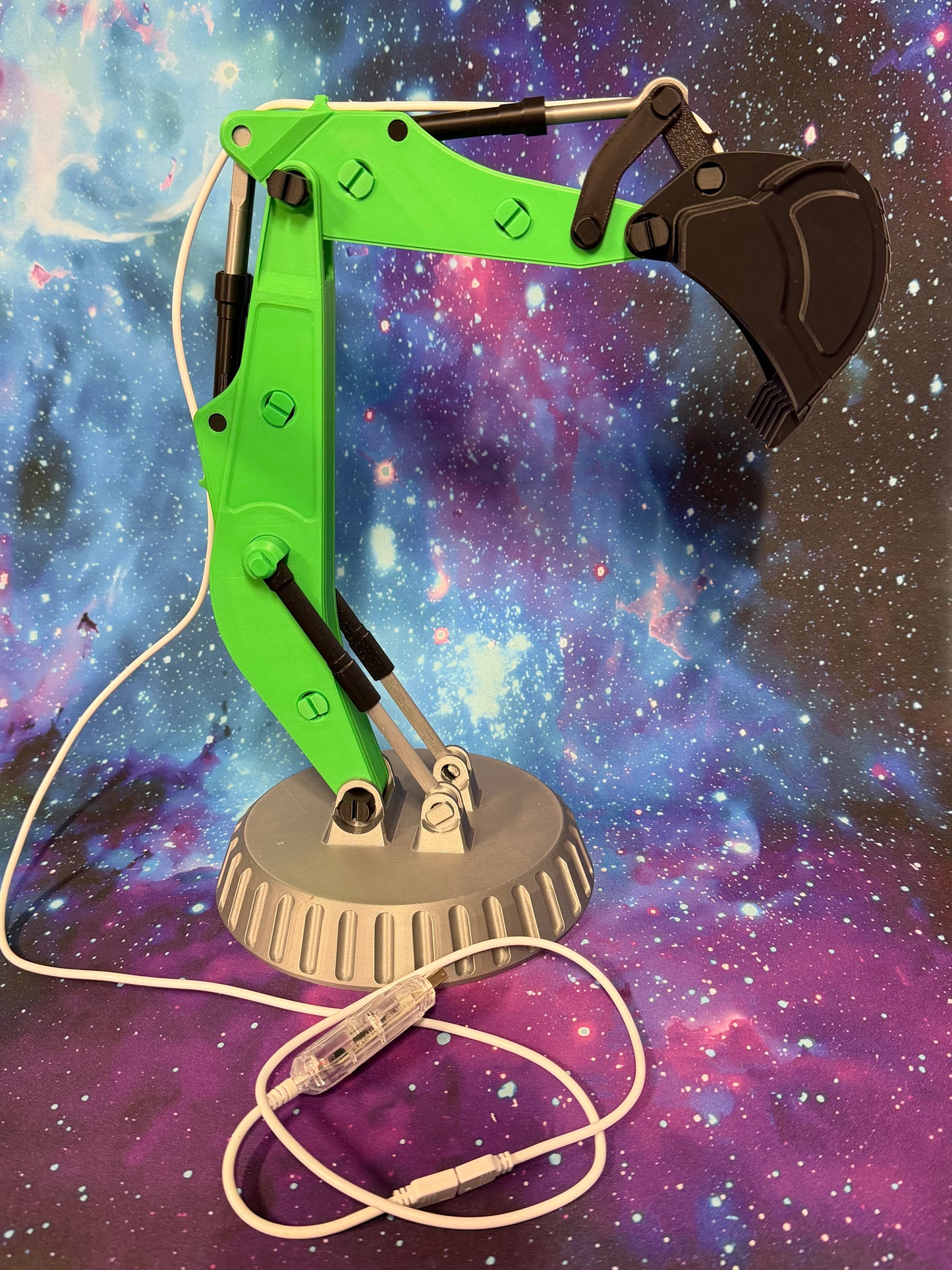 Articulating Backhoe LED Desk Lamp – RGB App-Controlled Excavator Light (19” Tall)