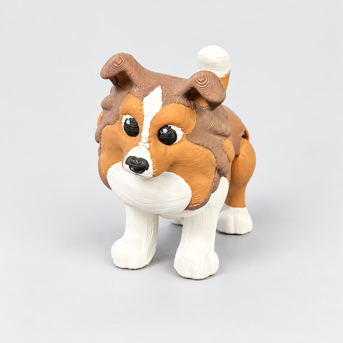 Front view of brown, tan and white 3D printed Sheltie fidget dog.