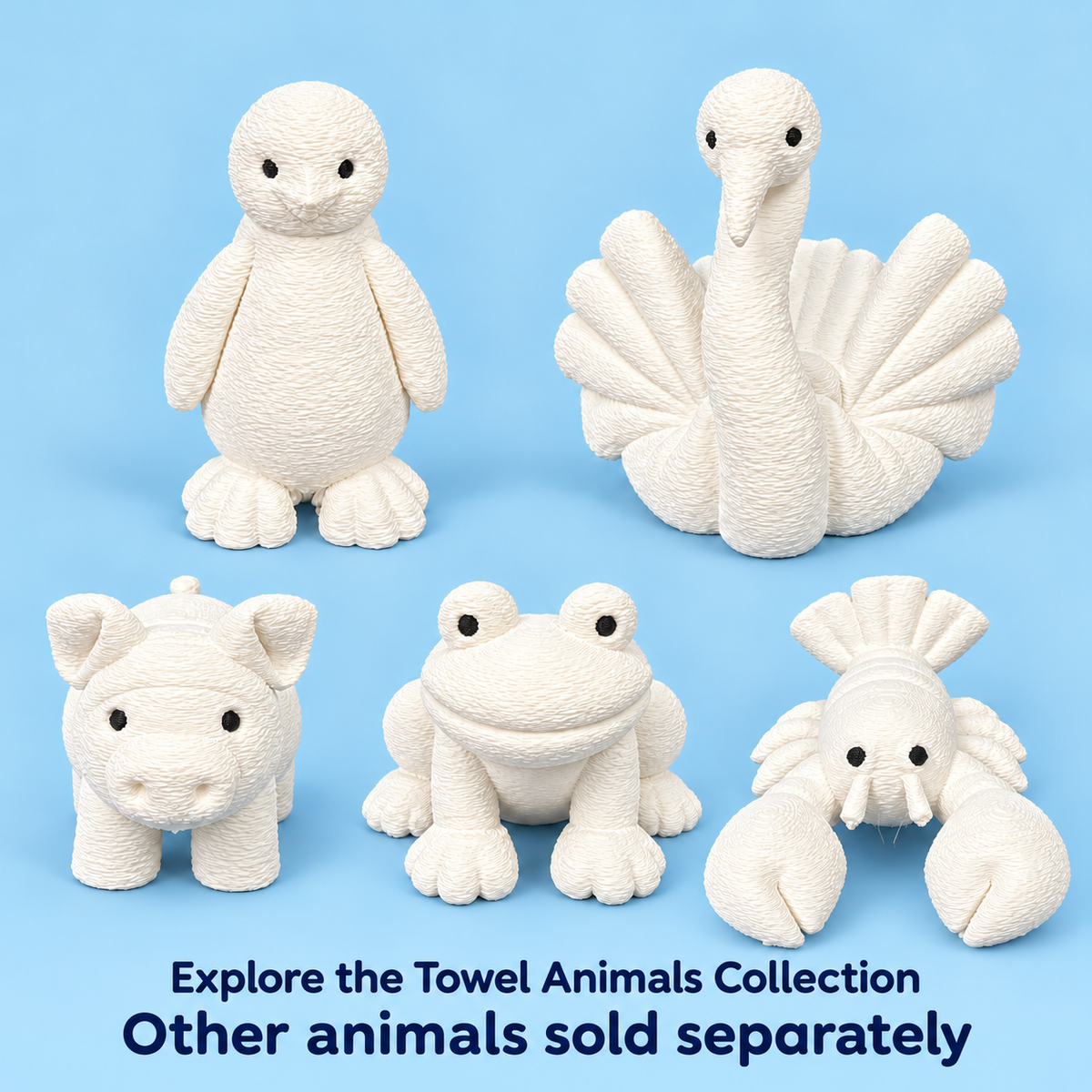 Explore the Towel Animals collection: penguin, swan, pig, frog and lobster figurines. Other animals sold separately; this listing includes one lobster only.